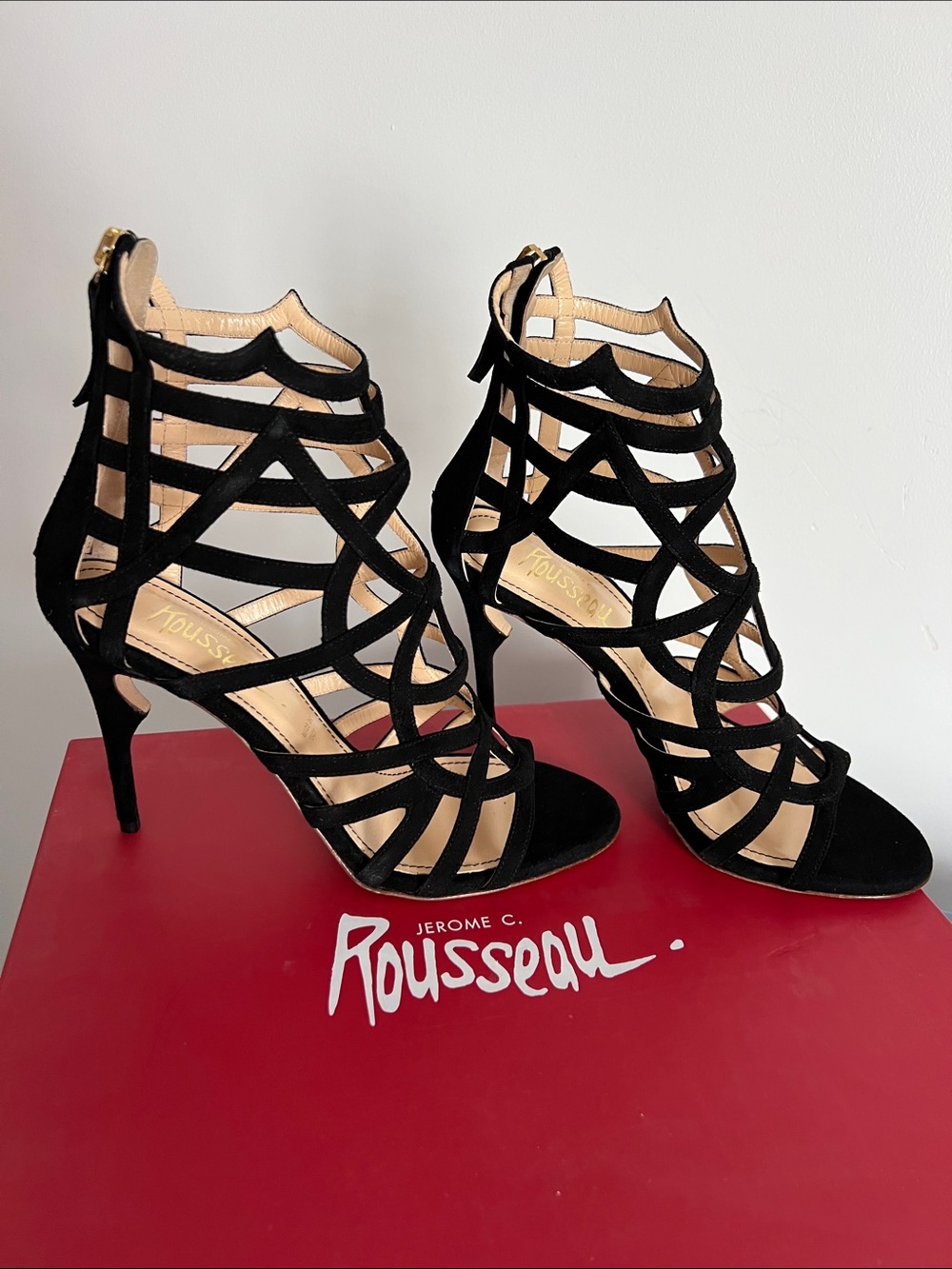 Jerome C. Rousseau black suede geometric caged zip up open toe high heels 38